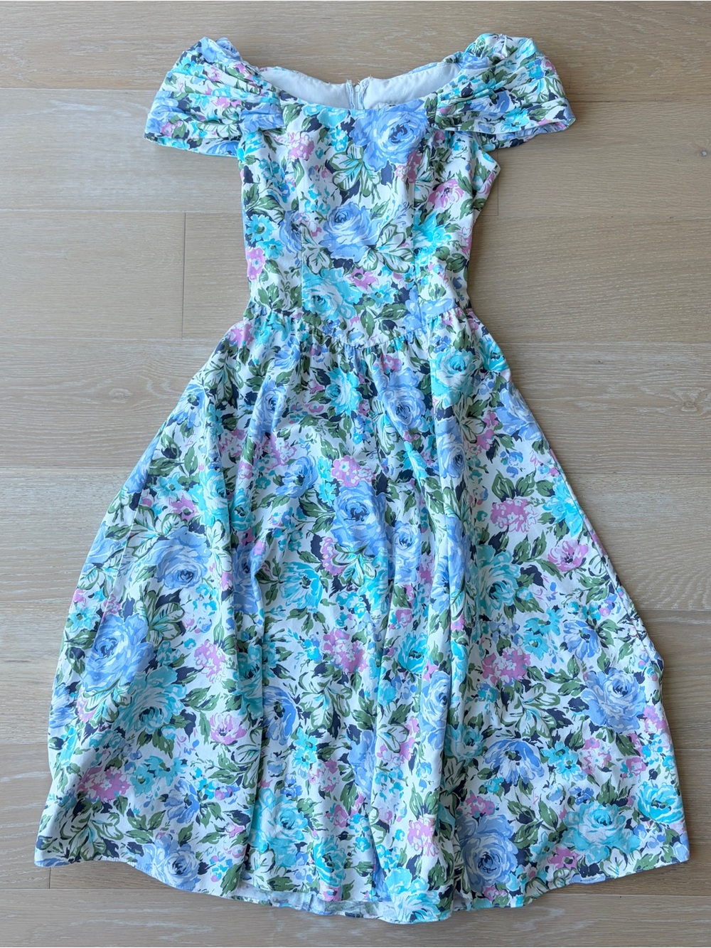 Vintage Lanz Floral Off-Shoulder Dress in Blue & Pink